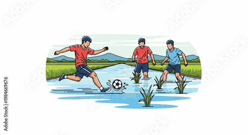 Three young men play soccer in a flooded rice field with distant mountains