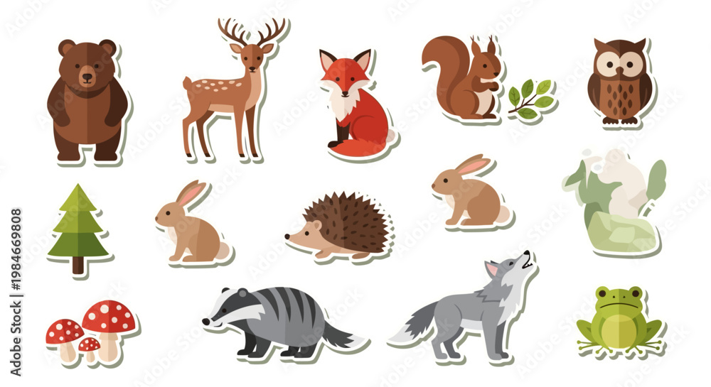 Fototapeta premium Collection of cute wild forest animal stickers including bear deer fox squirrel owl