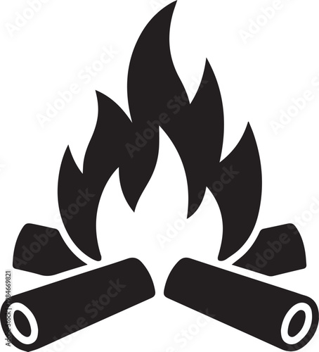 Campfire with flames burning brightly atop two logs.