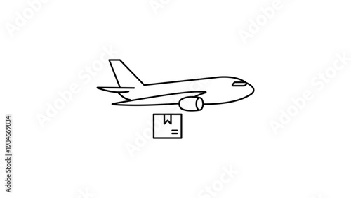 Minimalist black line vector icon illustration of a cargo airplane carrying a delivery package, representing air freight, logistics, and global shipping services on a clean white background.