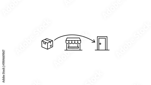 Minimalist dropshipping vector icon illustration showing a supplier package bypassing a retail shop directly to a customer door, clean black line art for e-commerce and logistics concepts.