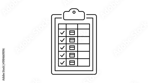 Minimalist black line vector icon of an inventory list clipboard on white background. Features a checklist with checkmarks and briefcase icons for business tasks, asset management, and audits.