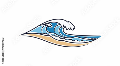 Stylized ocean wave with foam crest crashes onto a sandy shore