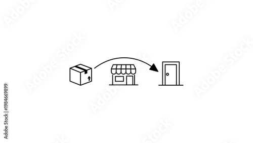 Dropshipping business model vector icon illustration showing a supplier package, retail store, and customer door with a flow arrow, minimalist black line art design on a white background.