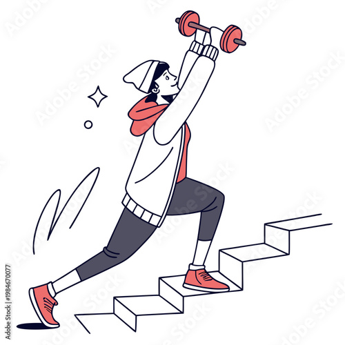 A woman in a white sweater and red shoes is stepping up the stairs with a dumbbell