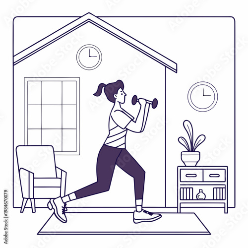 Woman doing lunges with dumbbells in a living room at home with a clock on the wall and a plant on a cabinet