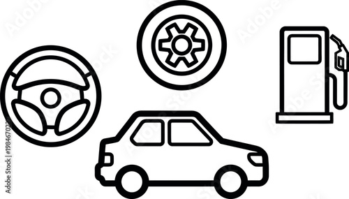 Automotive icons set steering wheel tires fuel pump and car illustration in black and white