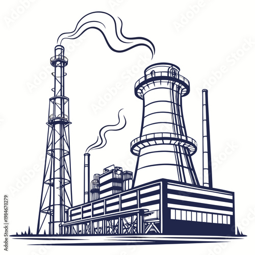 A nuclear power plant with cooling towers and smokestacks emitting steam