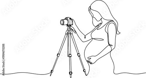 Continuous one line of a pregnant woman taking maternity photos with camera tripod, memorable pregnancy milestone vector design symbolizing celebration and documentation, mother's day, and love.