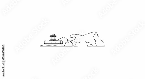Stylized outline of a fortress and irregular landmasses against white