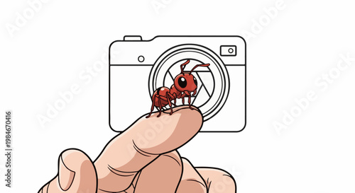 Tiny ant stands on finger with camera lens in background