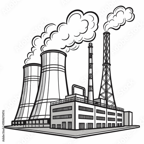 A black and white illustration of a nuclear power plant with smokestacks and cooling towers emitting steam