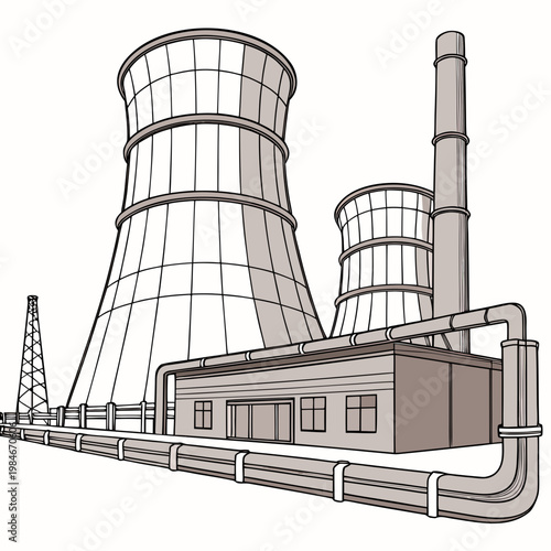A detailed illustration of a nuclear power plant with cooling towers and industrial building