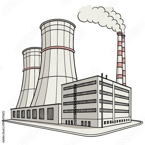 A nuclear power plant with cooling towers and a smokestack emitting smoke