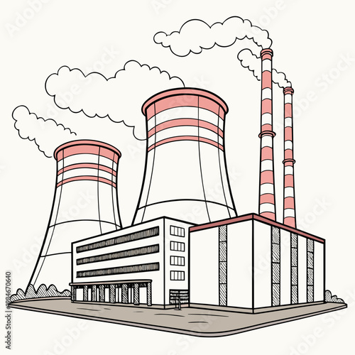 An industrial nuclear power plant with cooling towers and smokestacks emitting smoke