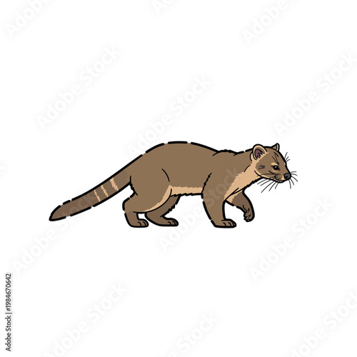 Brown cartoon ferret walking sideways slowly.