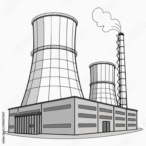 A black and white illustration of a nuclear power plant with cooling towers and a smokestack