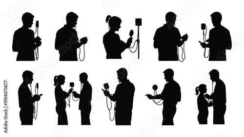 A collection of silhouettes depicting people using various handheld communication devices like walkie talkies high quality