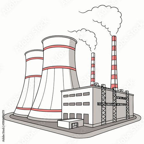 An illustration of a nuclear power plant with cooling towers and smokestacks emitting smoke