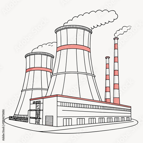 A nuclear power plant with cooling towers and smokestacks emitting smoke