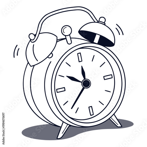 A black and white illustration of an alarm clock ringing loudly on a with a gray shadow underneath