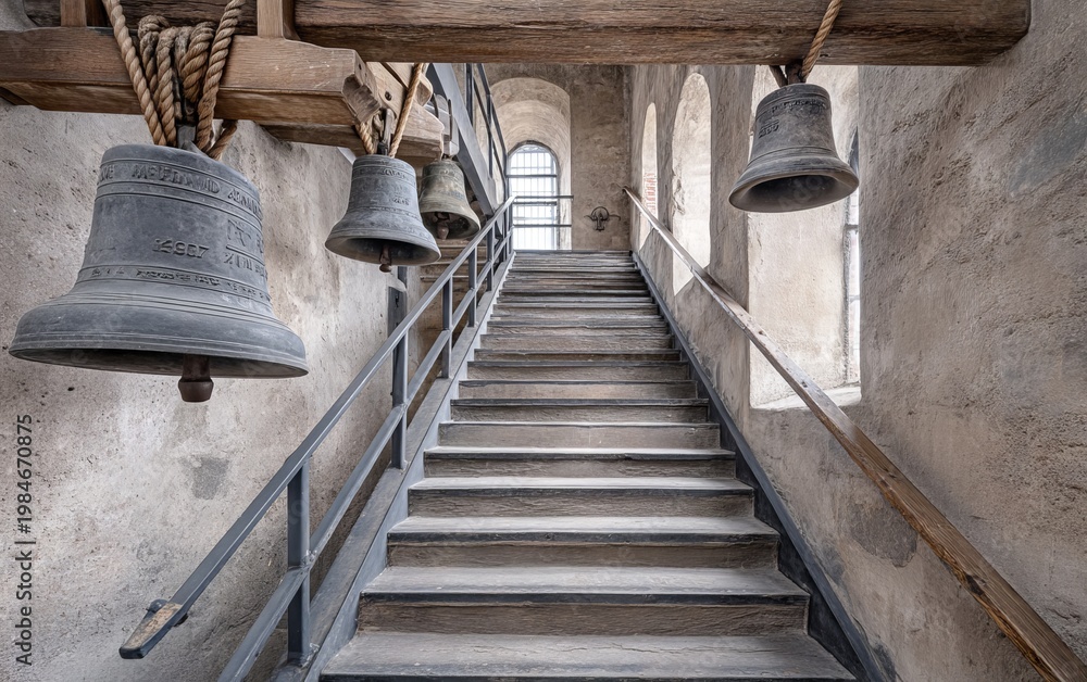 Obraz premium Narrow Metal Staircase Inside Historic Bell Tower with Hanging Bells