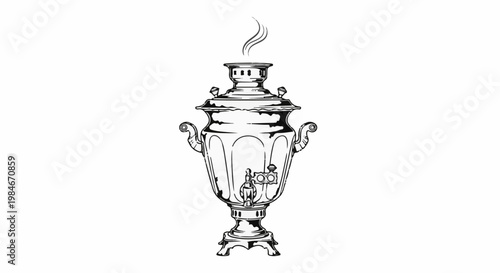 Traditional metal kettle with handle, spout, and steam rising from top