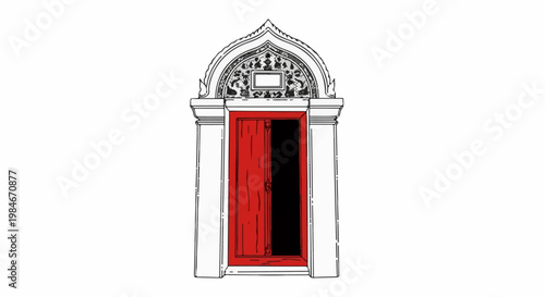 Stylized red wooden door with ornate archway