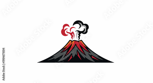 Stylized volcanic eruption with red, orange, black, and grey smoke