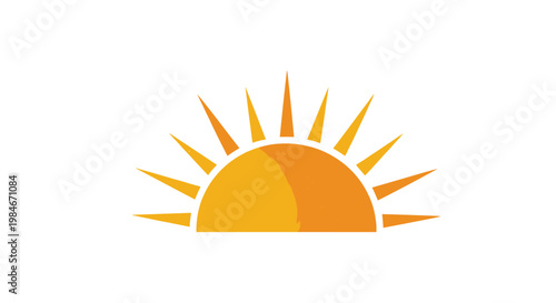 Bright orange sun rising or setting with sharp rays isolated on white background, symbol of new beginnings and hope.