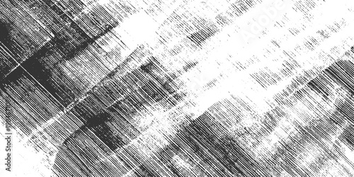 Black and white diagonal hatching texture with scattered dots and irregular dark patches abstract background