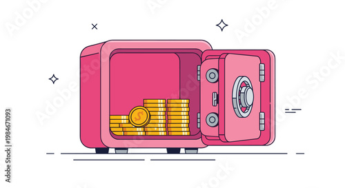 Open pink metal safe box filled with stacks of golden coins, flat style vector illustration of savings and financial security.