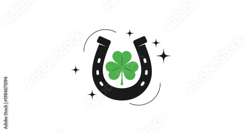 Black horseshoe with green four-leaf clover and sparkling stars, traditional symbol of good luck and St Patrick Day celebration.