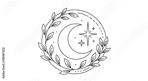 Mystical line art illustration of a crescent moon, sparkling stars, and leafy branches enclosed within a circular frame.