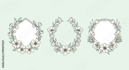 Set of three beautiful floral wreaths and frames in soft pastel colors, perfect for wedding invitations and decorative designs.