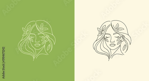 Minimalist line art portraits of a woman with closed eyes and leaves on her hair and face, shown in white on green and black on cream.