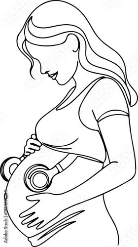 Continuous one line of a pregnant woman listening to music with headphones on her belly, affectionate prenatal bonding vector concept expressing maternal connection, mother's day, and love.
