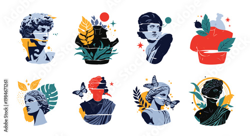 Modern abstract vector illustration set of classical Greek and Roman statue busts with colorful shapes, plants, and celestial elements.