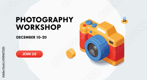 Creative banner design for a photography workshop featuring a colorful 3D isometric camera on a light background.