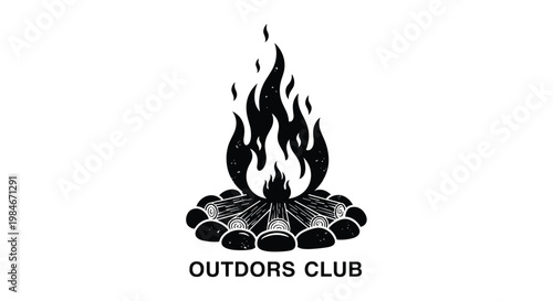 Stylized black and white illustration of a campfire on logs with stones and Outdoors Club text at the bottom of design.