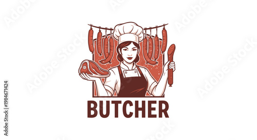 Detailed illustration of a professional female butcher in a chef hat holding fresh meat and surrounded by sausages.
