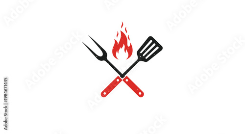 Minimalist barbecue icon featuring a crossed black grill fork and spatula with a red fire flame in the center of design.