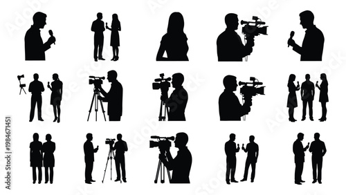 A collection of black silhouette icons depicting journalists reporters and camera operators at work high quality