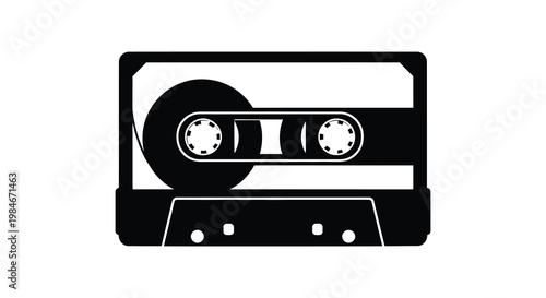 A striking black silhouette of a vintage audio cassette tape design