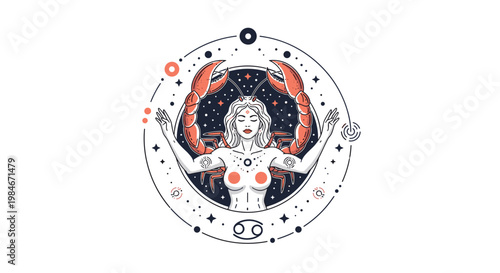 Mystical line art illustration of the Cancer zodiac sign featuring a woman with giant crab claws and stars in a circle.