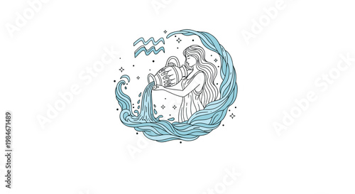 Detailed line art illustration of the Aquarius zodiac sign featuring a woman pouring water from an ornate ancient jug.