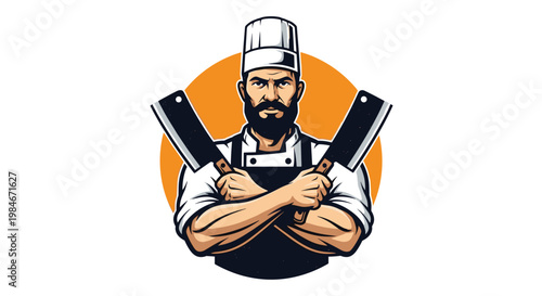 Serious male butcher with a full beard and chef hat holding crossed meat cleavers against a circular orange background.