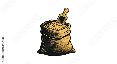 Rustic illustration of a burlap sack filled with grain or flour with a traditional wooden scoop resting on the top.
