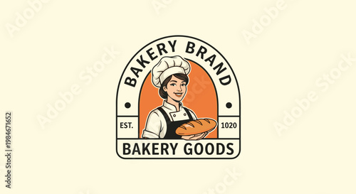 Retro bakery brand emblem featuring a smiling young woman in a chef hat and apron holding a fresh loaf of crusty bread.