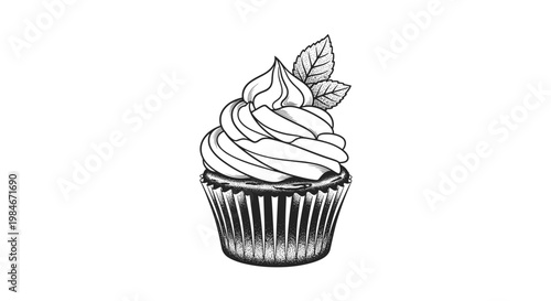 Detailed engraving of a delicious cupcake with swirl frosting and mint leaves on top in a classic vintage sketch style.